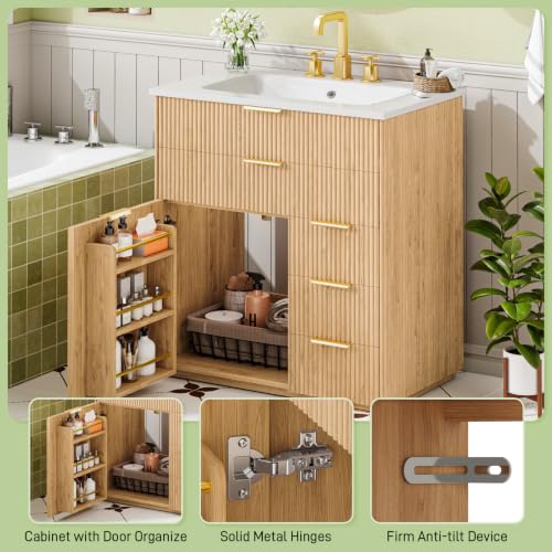 Farmhouse 30" Fluted Bathroom Vanity with Ceramic Sink and 5 Drawers