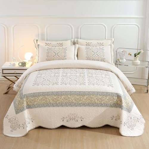 Elegant Embroidered Quilt Set Farmhouse Patchwork Reversible Bedspread Coverlet 3 Piece Cotton Quilted Bedding Set for All Season