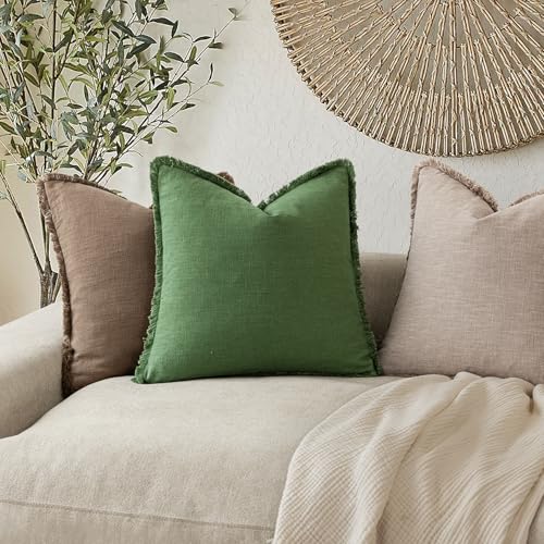 Decorative Linen Fringe Throw Pillow Covers 20×20 Forest Green (2 Count)