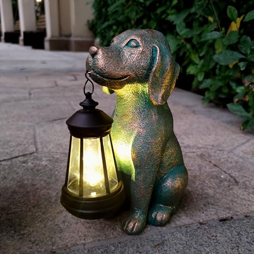 Dog Garden Statue Outdoor Décor with Solar Lights Lantern