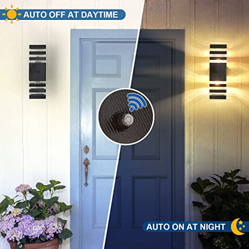 Dusk to Dawn Sensor Outdoor Wall Lights Up Down Porch Lights Modern Exterior Light Fixtures Photocell Waterproof Black Aluminum Housing for Front Porch
