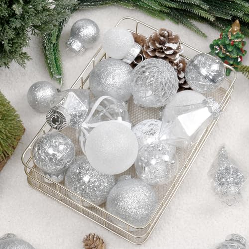 34PCS Silver White Christmas Ball Ornaments Set for Tree Decor (34 Count)