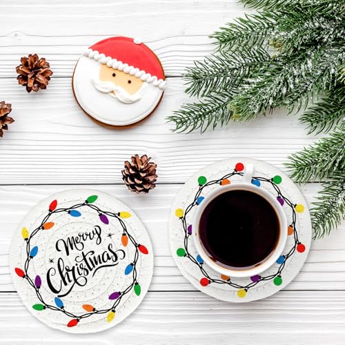 Merry Christmas Cotton Coasters Colorful Light Bulb Handmade Braided Drink Coasters Absorbent Cup Mats for Xmas Holiday Party Home Table Decor (4 Count)