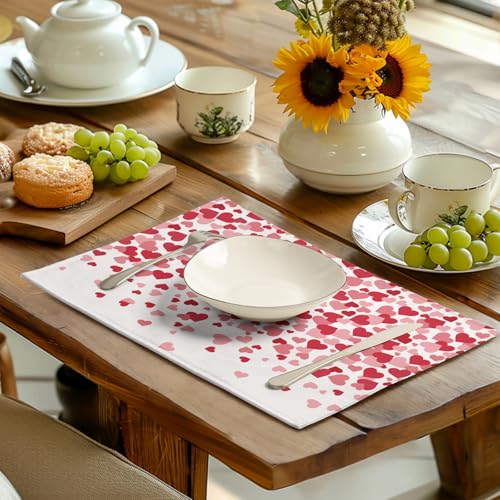 Valentine's Day Pink Love Heart Placemats Set of 4 Valentine Dining Place Mat Heat Resistant Washable Wedding Anniversary Rectangle Table Mat for Outdoor Kitchen Home Party 12x18 Inch (4 Count)
