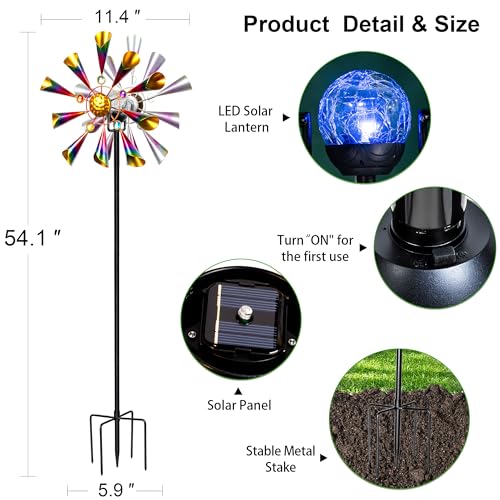 Solar Wind Spinner Outdoor Metal Garden Decor with Color LED Glass Ball