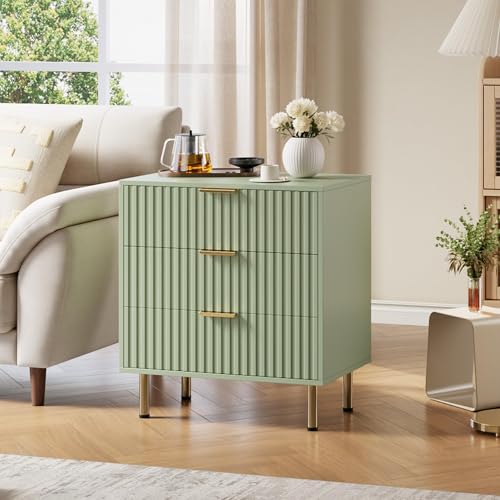 Fluted Green 3 Drawer Dresser for Bedroom with Deep Drawers