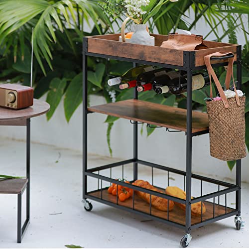 Bar Cart Serving Wine 3 Tier Home Rolling Rack with Wheels Mobile Kitchen Industrial Vintage Style Wood Metal Serving Trolley Serving Cart