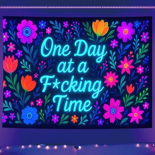 Neon Flowers Blacklight Tapestry UV Reactive Wall Hanging One Day at a F*cking Time for Bedroom Dorm Living Room Glowing Motivational Decor Fluorescent Trippy Poster 78 x 59 Inch