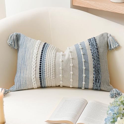 Decorative Lumbar Throw Pillow Cover 12x20 Coastal Blue Accent Cushion for Couch Sofa Farmhouse Pillowcase for Bedroom Living Room Home Décor Cover ONLY