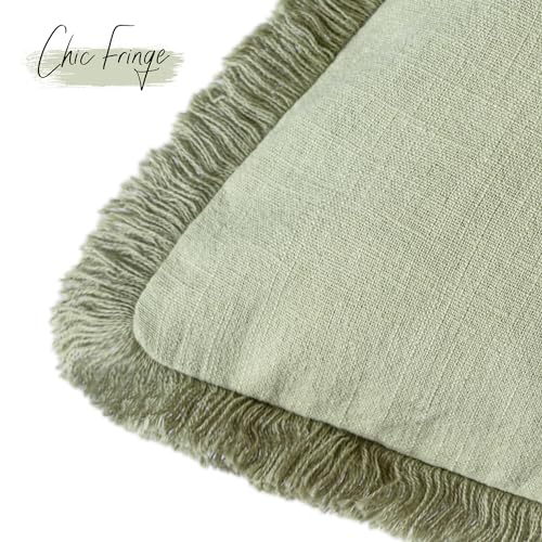 Decorative Linen Fringe Throw Pillow Covers 24×24 Light Green (2 Count)