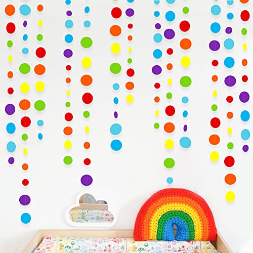 Rainbow Party Decorations Colorful Circle Dots Hanging Paper Garland Streamer Backdrop Multi Color Polka Dot Banner for Birthday Bachelorette Engagement Wedding Bridal Shower Pride Party Supplies