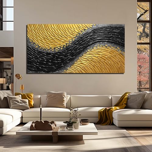 Black and Gold Abstract Painting Wall Decor for Living Room Modern 3D Hand Painted Wall Art for Office Extra Large Wall Art Bedroom Size 36 x 72 Inch