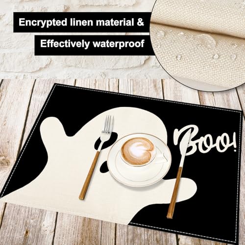 Halloween Ghost Placemats Black Cute Ghost Boo Table Mats 12 x 18 Inch Trick or Treat Kitchen Place Mats for Party Home Dining Table Decoration (4 Count)