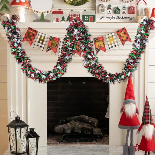 50 Feet Green Red Christmas Metallic Tinsel Twist Hanging Garland with Snowflake for Home Mantle Xmas Tree Staircase Railing New Year Holiday Party Indoor Outdoor Decorations (4 Foot)