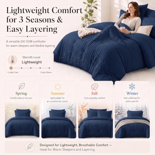 Full Size Comforter Sets 7 Pieces Navy Blue Seersucker Bed in a Bag