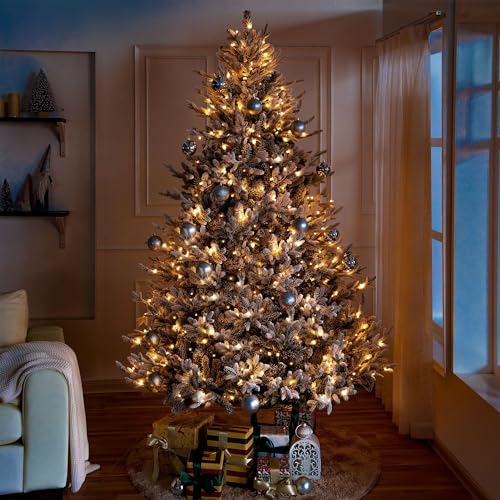 6 5ft Frosted Christmas Tree with Lights Realistic Snow Flocked Christmas Tree Prelit with 2456 Branch Tips 450 Warm Lights and Metal Stand Aritificial