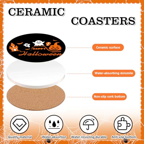 4Pcs Halloween Coasters Orange Black Round Ceramic Coaster Trick or Treat Heat (4 Count)