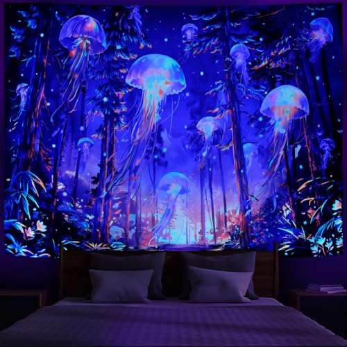 Blacklight Forest Jellyfish Tapestry UV Reactive Nature Tree Tapestry Trippy Fantasy Starry Sky Tapestries Aesthetic Jungle Plants Tapestries Wall Hanging for Bedroom