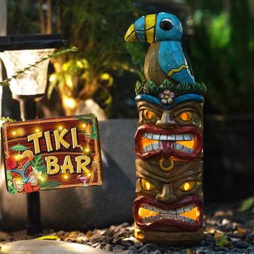 Tiki Totem Pole Solar Powered Garden Statue Decor