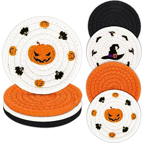4 Pack Halloween Handmade Braided Drink Coasters Black Orange Pumpkins Witch Hats Absorbent Cotton Cup Coasters Heat Resistant Cup Mats for Halloween Home Kitchen Office Table Decor (4 Count)