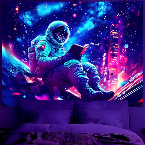 Blacklight Space Astronaut Tapestry UV Reactive Galaxy Planet Glow in Dark Tapestries Black Light Poster Neon Wall Hanging Art for bedroom Living Room