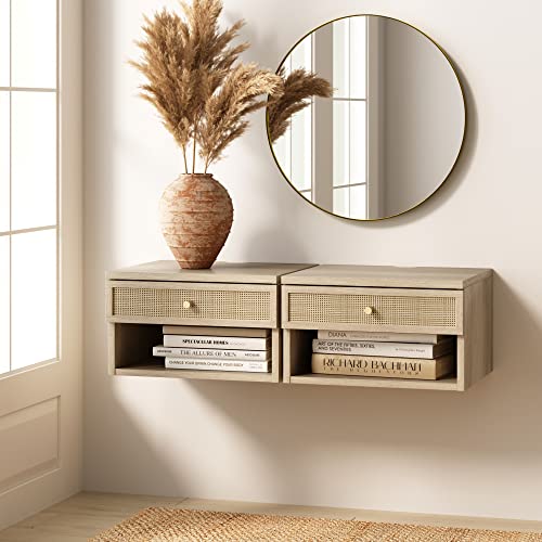 Jackson Wall Mounted Rattan Floating Bedroom Nightstand with Storage Drawer and Modern Open Shelf Cubby (2 Count)