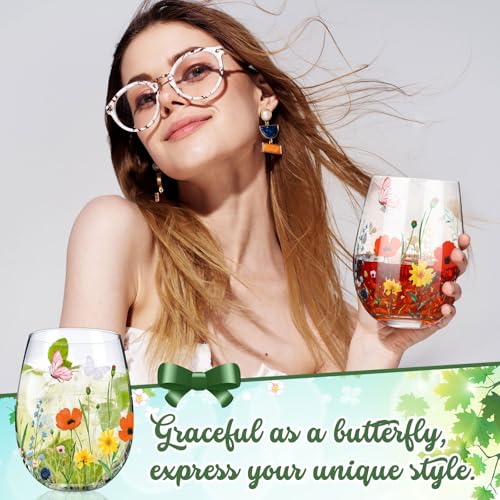 2 Pack 17oz Wildflower Stemless Wine Glasses Floral Butterfly Drinking Glasses Spring Flowers Tumbler Cups for Graduation Wedding Mother's Day Birthday Drinking Party Favors (2 Count)
