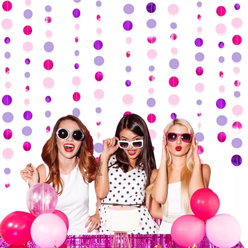 Pink and Purple Party Decorations Circle Dots Garland Hot Pink Lavender Hanging Polka Dot Streamer for Birthday Bridal Shower Wedding Bachelorette Anniversary Party Supplies