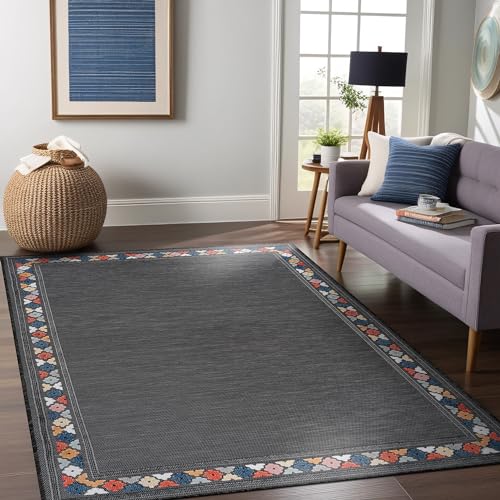 Outdoor Rug 9x12 Modern Bordered Large Area Rugs for Indoor and Outdoor Patio Easy to Clean Non Shedding Living Room Porch Garden Washable Outside Carpet