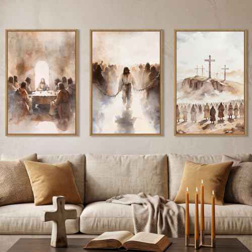 Large Jesus Neutral Framed Canvas Wall Art Set