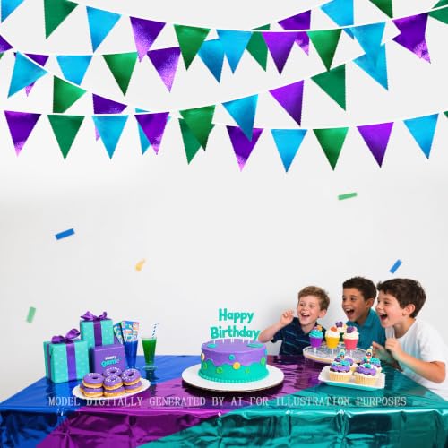 Blue Green Purple Party Decorations Metallic Fabric Triangle Pennant Banner Flag Bunting for Men Boys Video Game Theme Birthday Graduations Retirement Wedding Bachelor Baby Shower Party Supplies (36 Count)