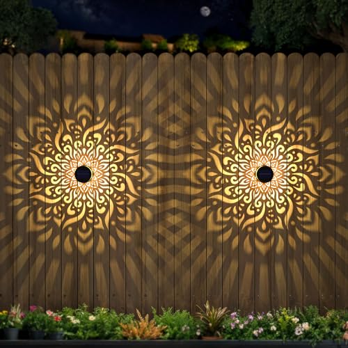 4 Pack Large Solar Fence Lights Metal Solar Powered Outdoor Wall Deck Step Lights Mandala Theme Waterproof Fence Light for Garden Post Patio Backyard Yard Decor (4 Count)