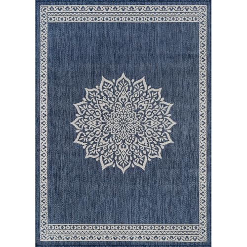 Outdoor Rug 10x14 Medallion Blue Modern Large Area Rugs for Indoor and Outdoor Patios Kitchen and Hallway Mats Washable Porch Deck Outside Carpet (140 Sq Ft)