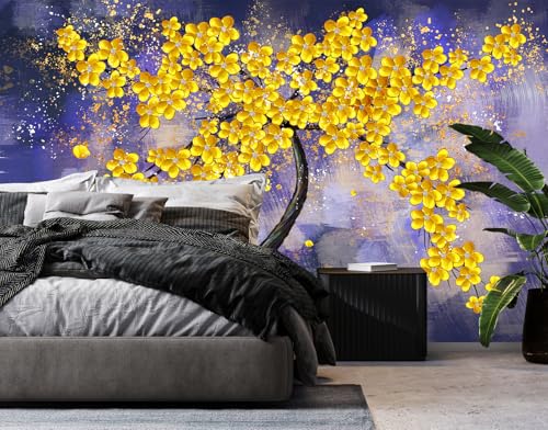 Yellow Flower Tree Wall Mural Purple Background Wallpaper