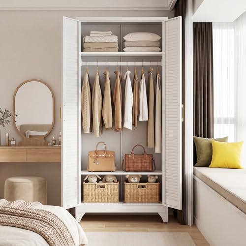 71" Tall White Wardrobe Closet with Door and Adjustable Shelves