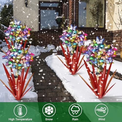 Solar Metal Agave Butterfly Flower Stick Garden Sculpture (2 Count)