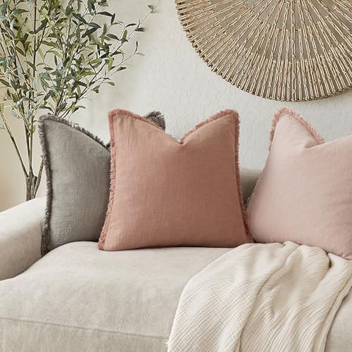 Boho Linen Fringe Lumbar Throw Pillow Covers 12×20 Coral Pink (2 Count)