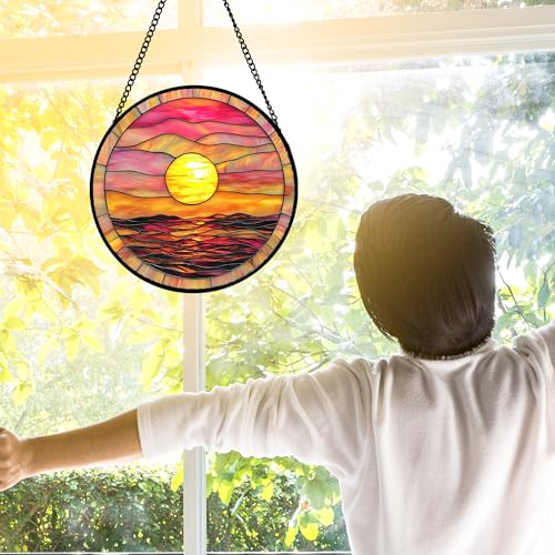 Sunrise Sea Pink Stained Glass Window Hanging Suncatcher Gifts Decor 7.8"