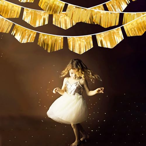Gold Tassel Banner Double Sided Metallic Fabric Pennant Bunting Flag Garland for Graduation Birthday Anniversary Bachelorette Engagement Wedding Bridal Shower Baptism Hen Party Decorations Supplies (16.93 Foot)