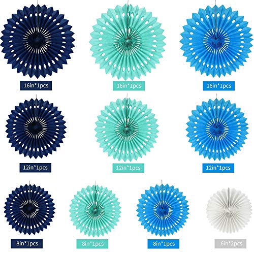 Honeycomb Round Paper Fans Blue White Hanging Party Decoration (11 Count)