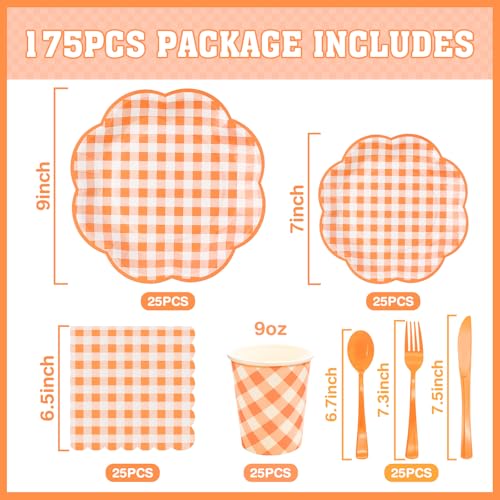 175 Pcs Orange Gingham Plates and Napkins Party Supplies (25 Count)