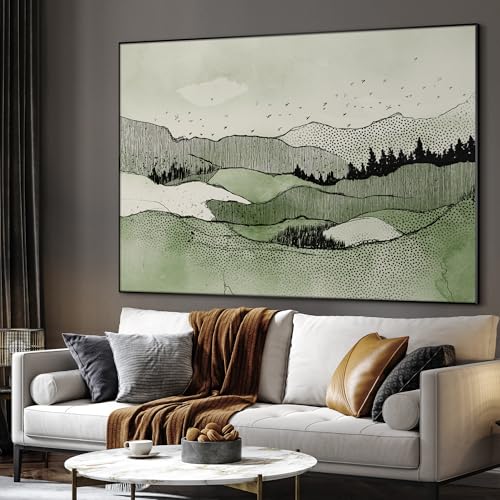 36"x46" Extra Large Framed Wall Art Green Line Art Mountain Landscape Illustration for Home Living Room Bedroom Decor