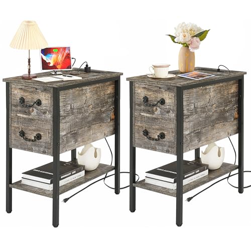 End Tables Narrow Nightstands with Charging Station & USB Ports &Drawers