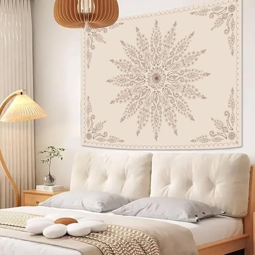 Boho Floral Mandala Tapestry for Bedroom Aesthetic Bohemian Flower Wall Tapestry Beige Hippie Indian Small Tapestries Wall Hanging for Living Room Dorm Decor 48 x 36 Inch