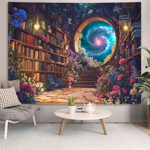 Floral Bookshelf Tapestry Fantasy Library Tapestries Wall Hanging Vintage Plant Flower Book Small Tapestry for Bedroom Living Room Dorm 60 x 44 inch