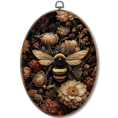 Vintage Dark Moody Bee Floral Oval Wall Art Decor Framed