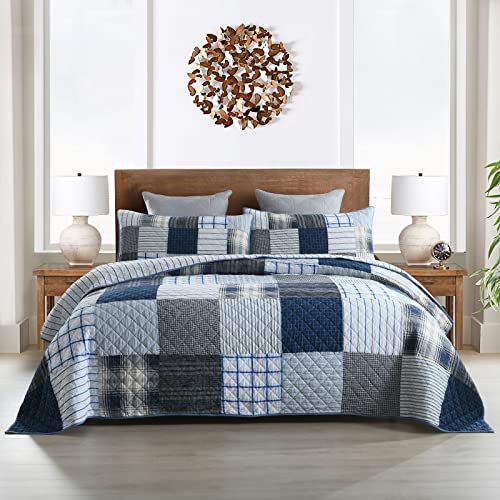 King Quilt Set Bedspread Reversible Plaid Grid Quilted Bedspread 3