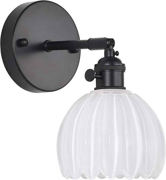 Vintage Wall Sconce with White Tulip Glass Lampshade 180 Degree Adjustable Black Sconce Hradwired Modern Wall Lighting Fixture with Switch for Bedside Bedroom Doorway