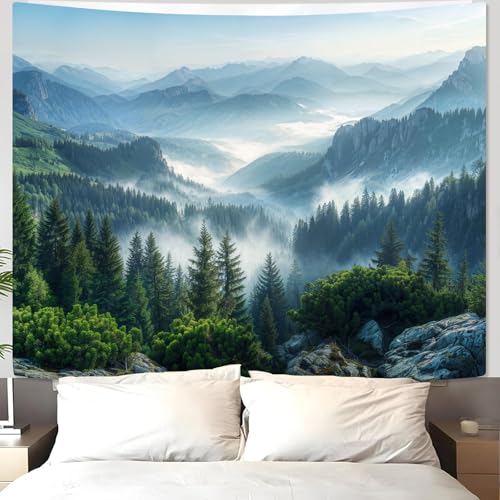 Nature Forest Mountain Tapestry Green Misty Pine Tree Tapestry for Bedroom Aesthetic Foggy Woodlands Sky Landscape Tapestries Wall Hanging for Living Room Dorm 90 x 68 Inch