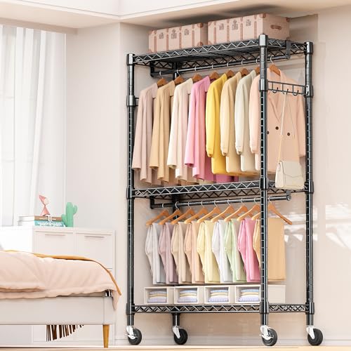 Heavy Duty Rolling Garment Rack 3 Tiers Adjustable Wire Shelving Clothes Rack with 2 Rods and Side Hooks